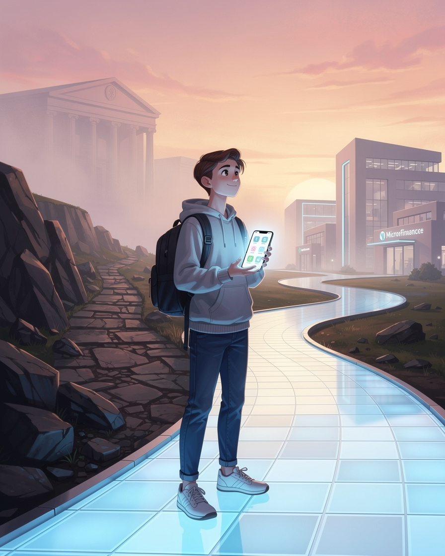 Студент стоит на развилке, выбирая путь к займу через смартфон и цифровые сервисы.