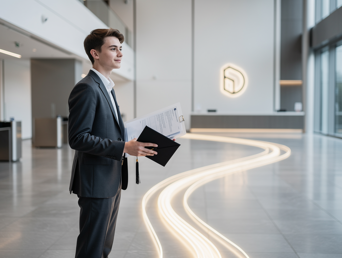 Молодой человек в банке с символами образования и документами, представляющими студенческий кредит.