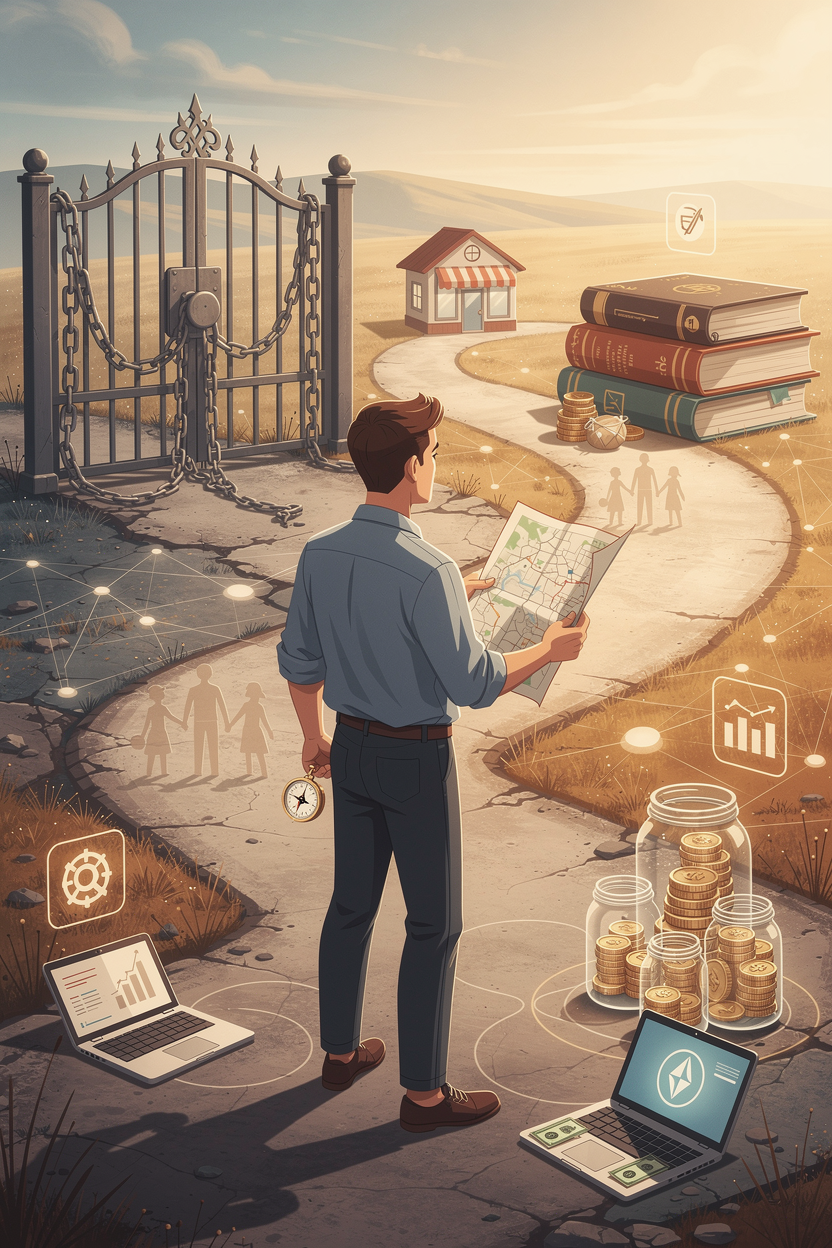 Человек стоит на перекрёстке, символизируя выбор после отказа в займе, с закрытыми и открытыми путями возможностей.