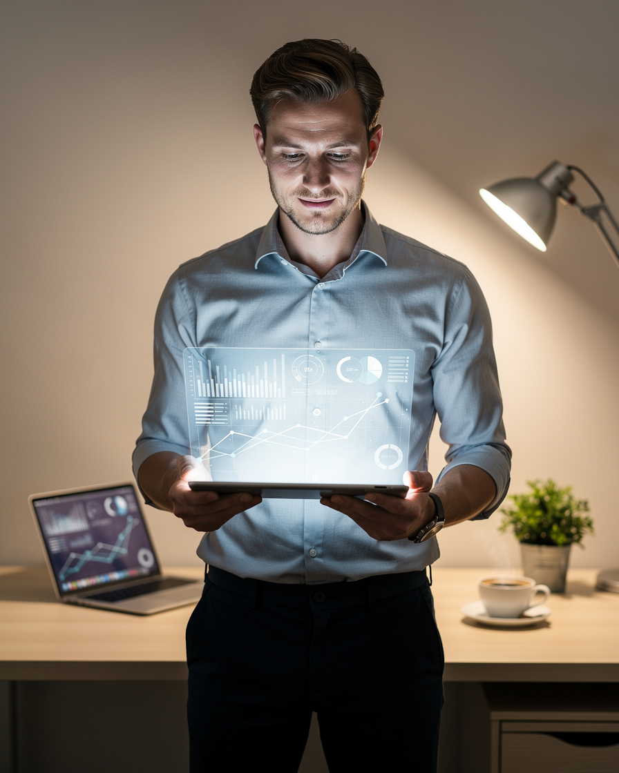 Самозанятый человек в домашнем офисе изучает финансовые графики на планшете, символизируя процесс получения кредита.