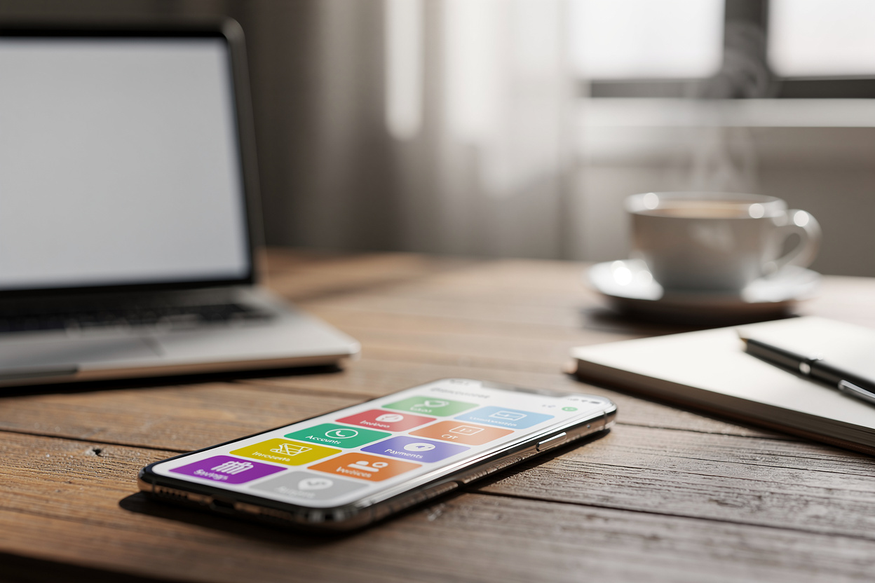 Смартфон с банковским приложением на столе в домашнем офисе, символизирующий доступность банковских услуг для самозанятых.