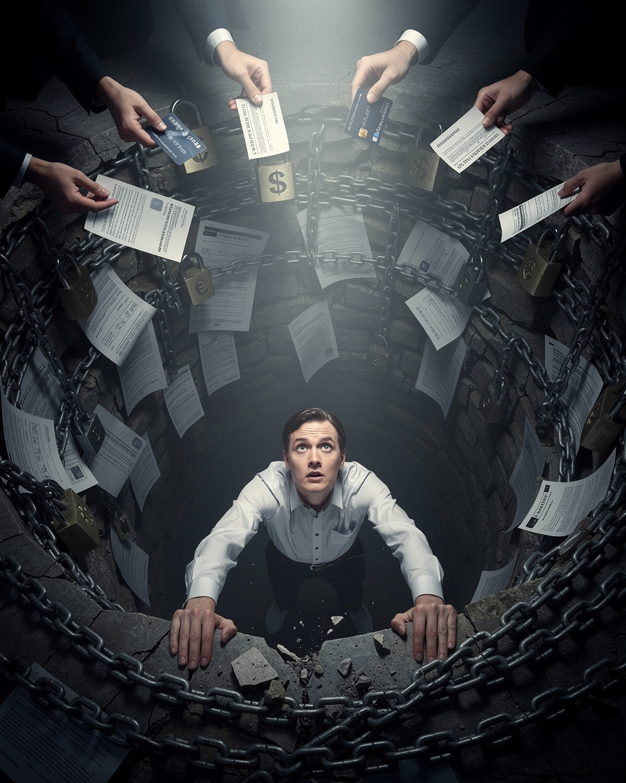 Человек в глубокой яме, стены которой состоят из цепей и долговых документов, символизируя финансовую ловушку.