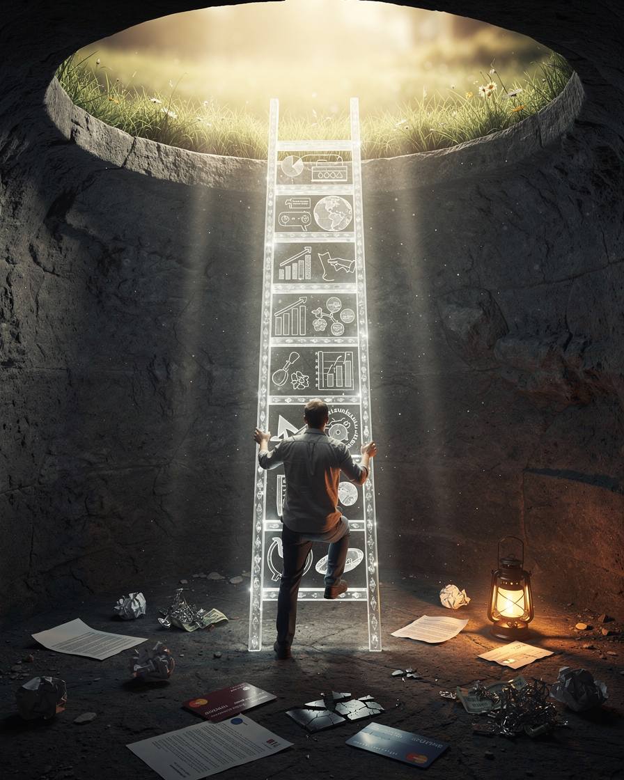 Человек начинает подниматься по светящейся лестнице из долговой ямы к финансовой свободе, символизируя поэтапный выход из долгов.