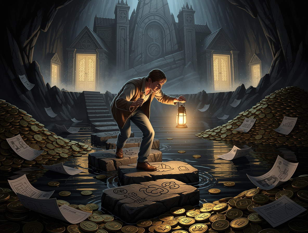 Человек с фонарем осторожно обходит долговую яму, полную монет, на фоне здания микрофинансовых организаций.