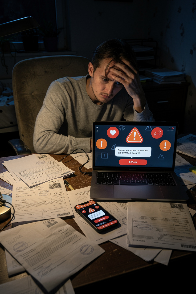 Человек в стрессе за столом с документами о долгах и блокировке счетов.