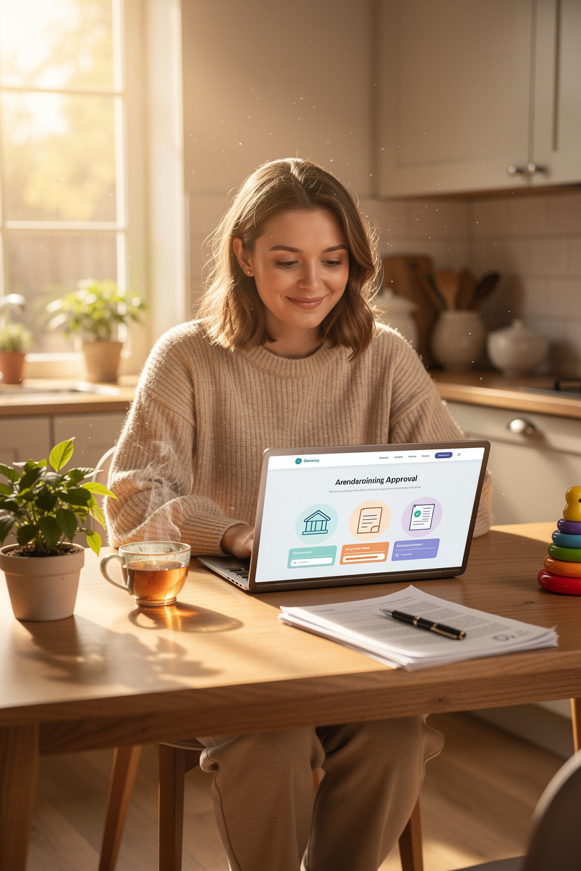 Молодая женщина в декрете за ноутбуком на кухне, рассматривающая одобрение кредита среди символов документов, растения и игрушки.