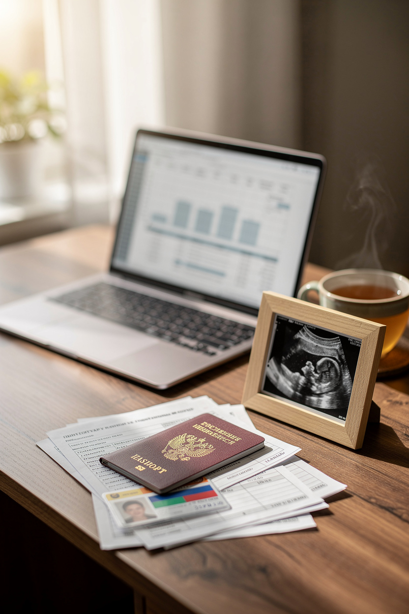 Организованный домашний офис с документами для кредита и символами декретного отпуска