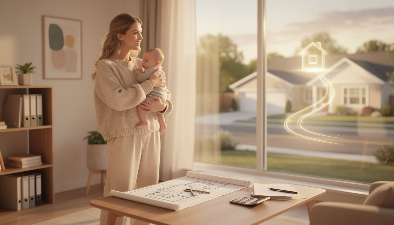 Женщина с ребёнком в уютной гостиной, окружённая символами ипотеки и поддержки, символизируя возможности для матерей в декрете.