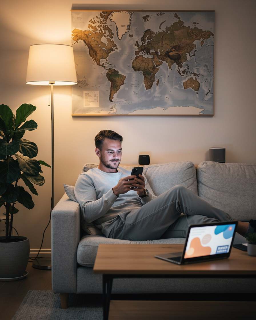 Человек подает заявку на займ онлайн с помощью смартфона в уютном домашнем интерьере.