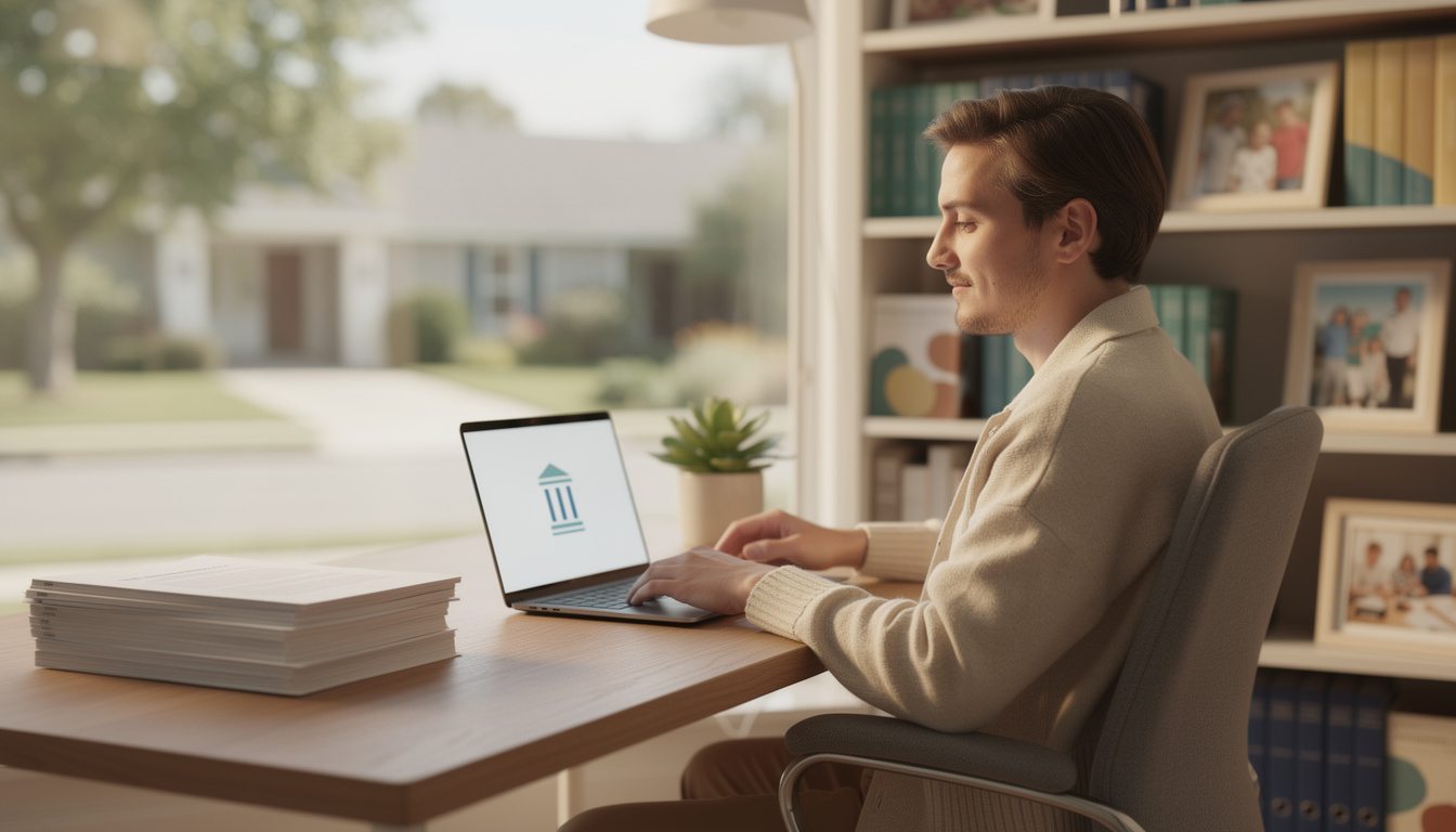 Человек в домашнем офисе за столом с документами, символизирующими оформление кредитных каникул, в уютной обстановке.