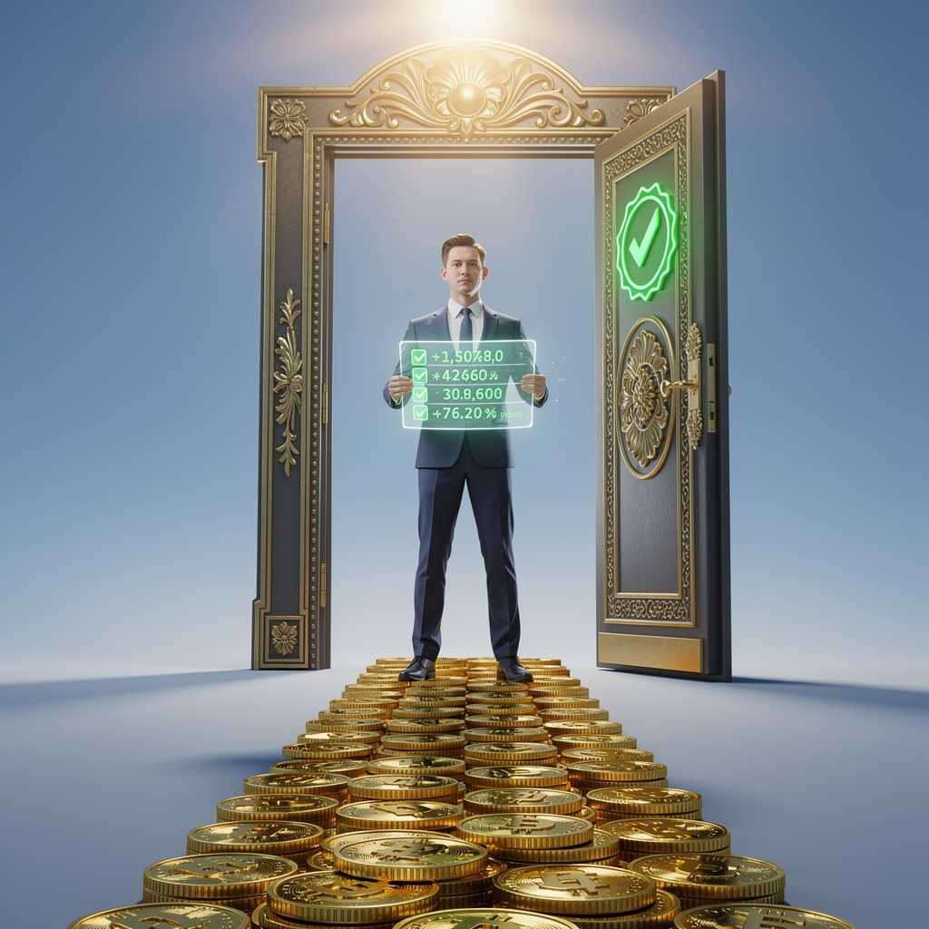 Человек уверенно идёт по золотой дорожке из монет к открытой двери с зелёной печатью одобрения, держа светящуюся книгу с положительными отметками.