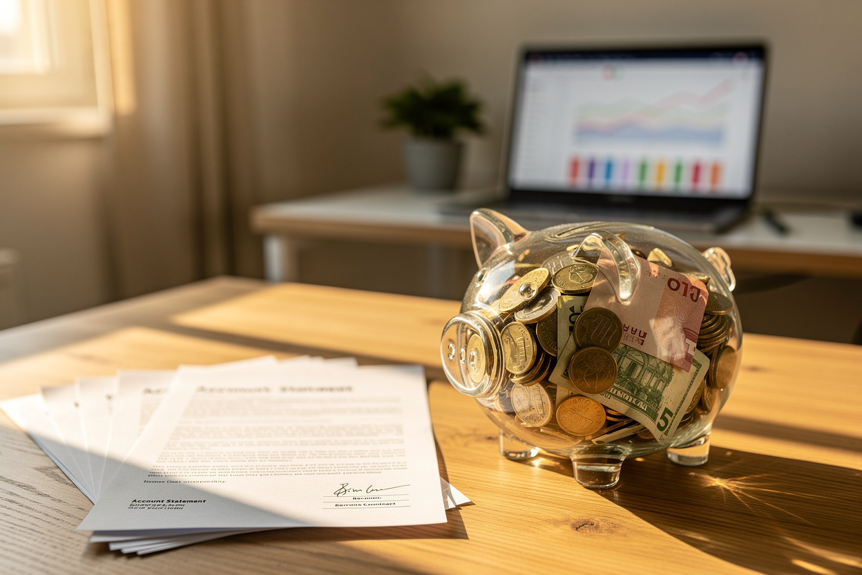 Прозрачная копилка с деньгами и финансовые документы на столе, символизирующие открытость и дополнительные доходы для одобрения кредита.
