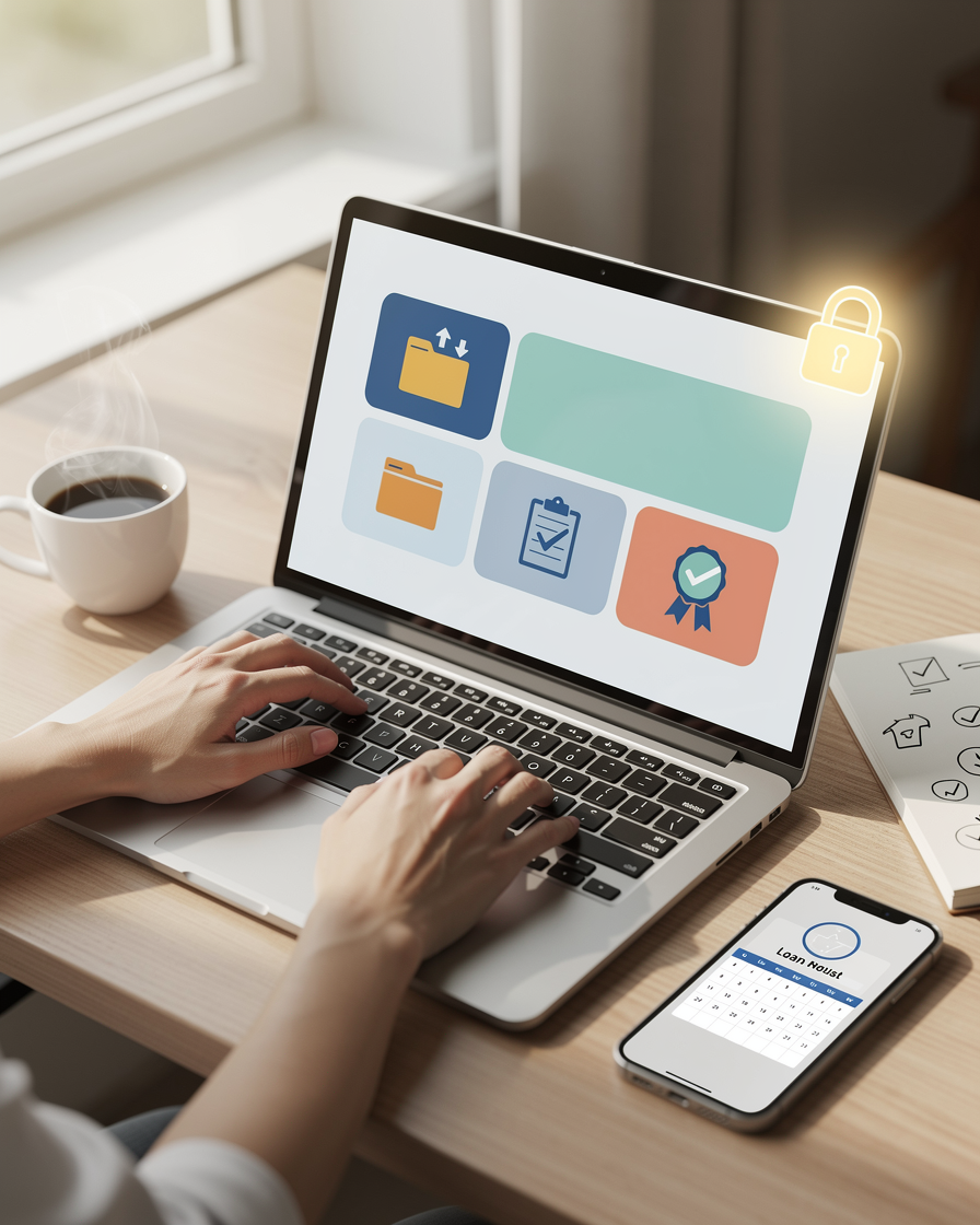 Руки человека заполняют заявку на кредит на ноутбуке в домашнем офисе, символизируя простой и безопасный онлайн-процесс.