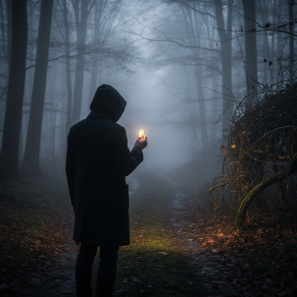 Человек стоит на перекрестке в туманном лесу, держа светящуюся монету, что символизирует риски и недостатки микрозаймов.