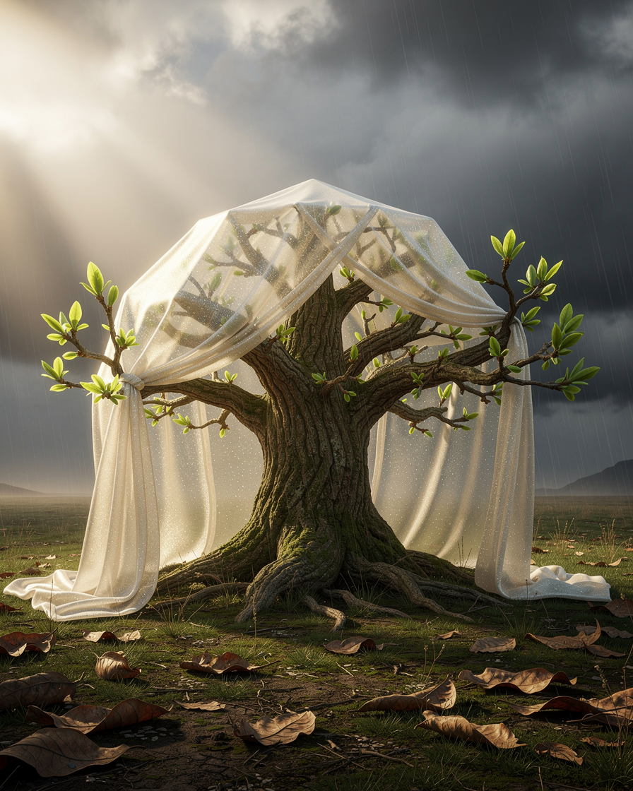 Древнее дерево под временным укрытием символизирует финансовую реструктуризацию и кредитные каникулы.