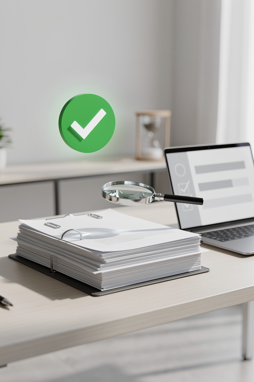 Аккуратный стол с документами и ноутбуком в современном офисе, символизирующий подготовку заявки.