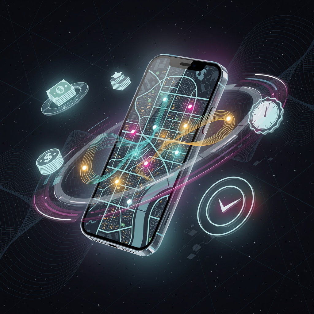 Смартфон с картой города и символами финансовых связей в космическом пространстве