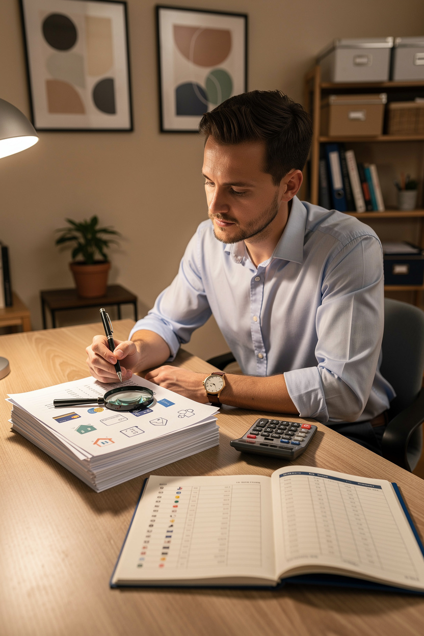 Человек за столом анализирует документы, символизирующие различные виды долгов, в уютном домашнем офисе.