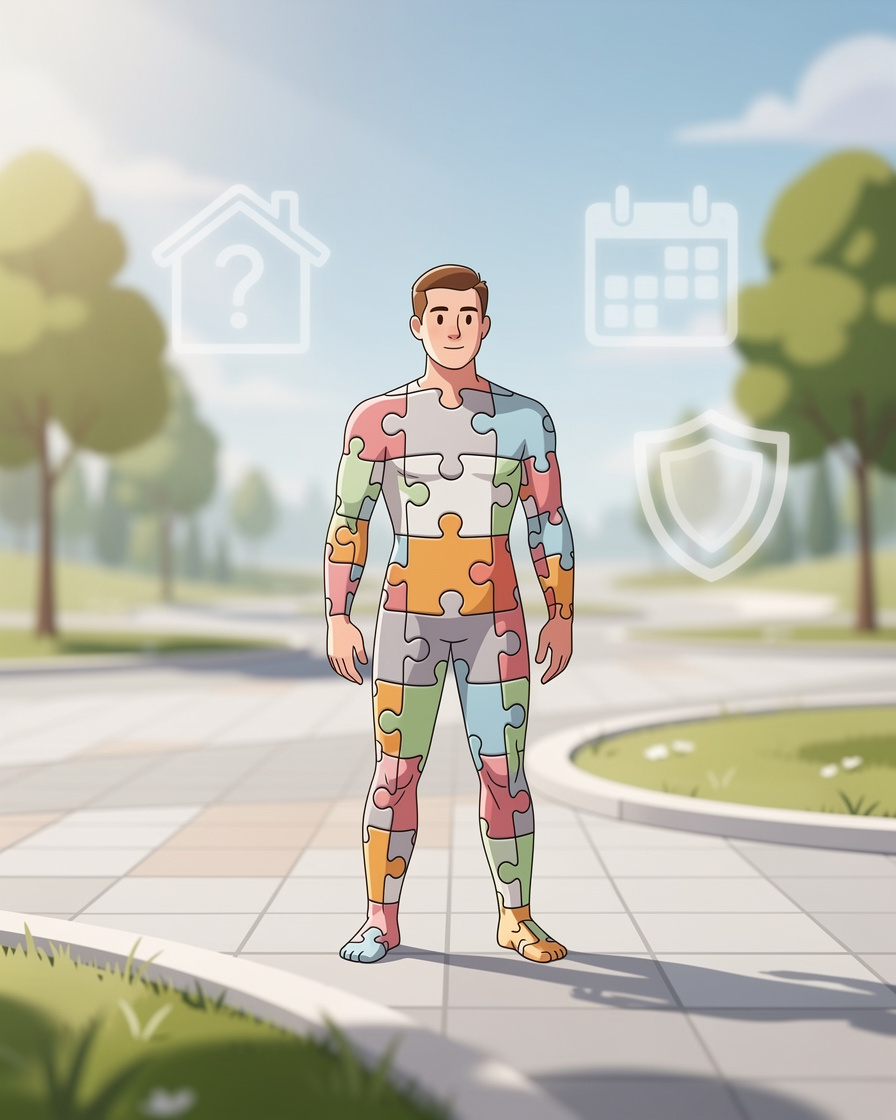 Абстрактная человеческая фигура из пазлов в светлой открытой среде, символизирующая доступ к займам без прописки