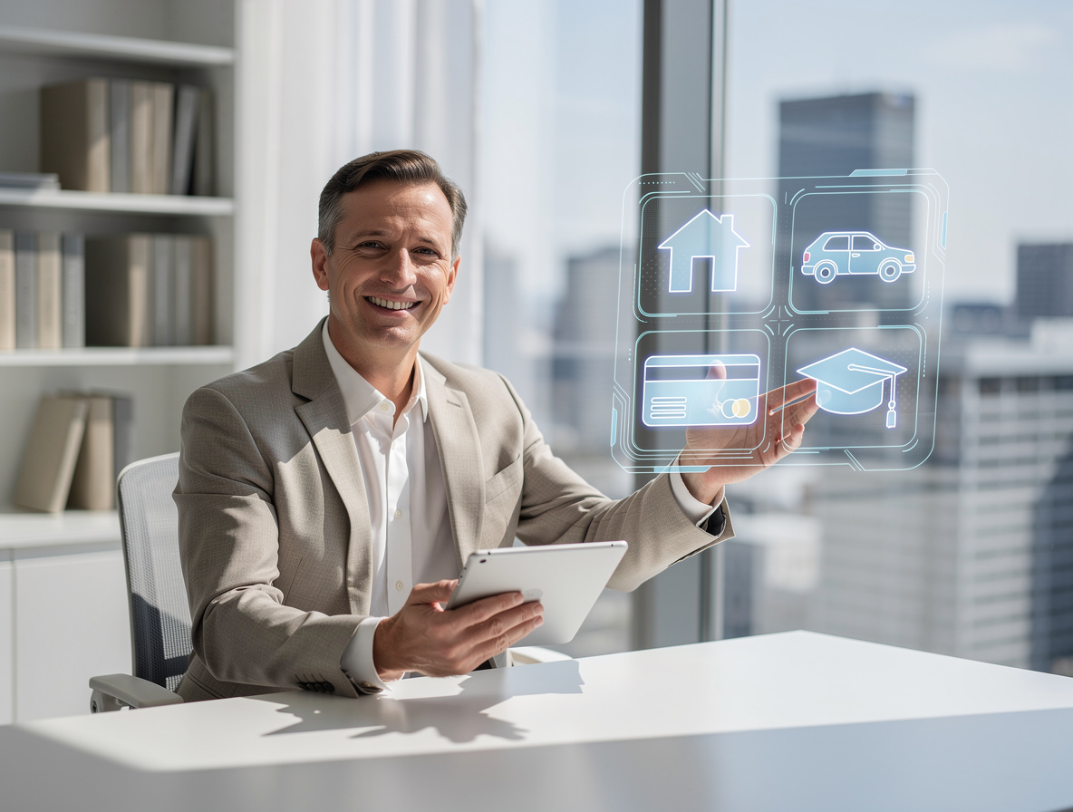 Финансовый консультант в офисе объясняет ответы на частые вопросы о кредитах с помощью голографической визуализации.