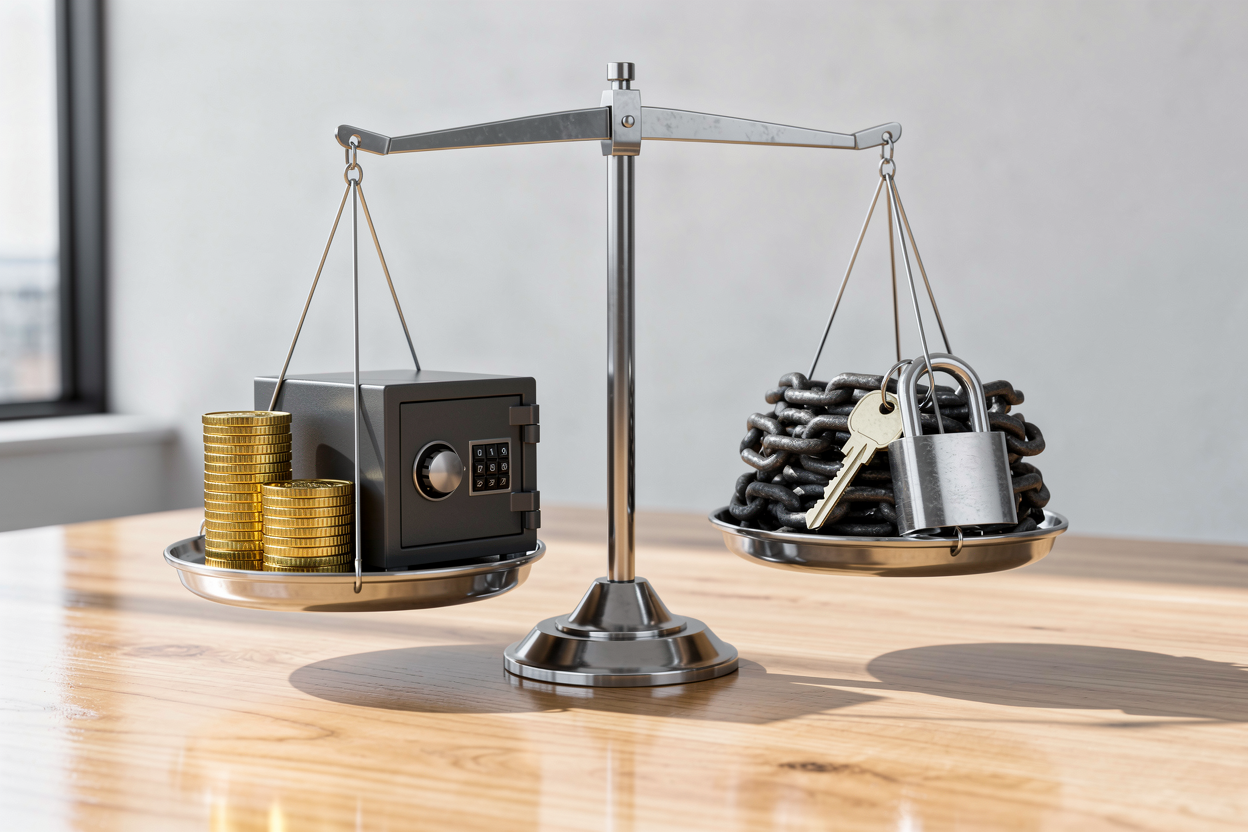 Весы с символами преимуществ и недостатков займов под залог в офисной обстановке.
