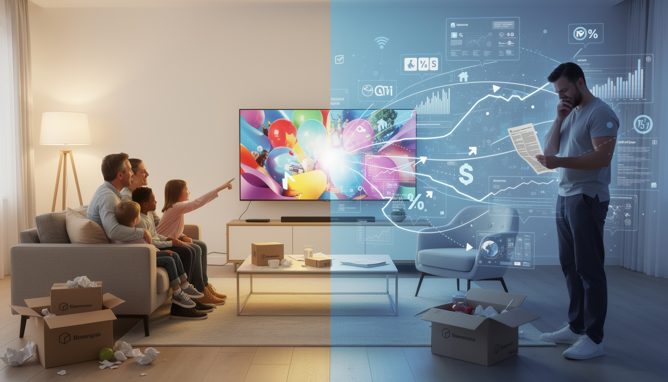 Сравнение рассрочки и кредита через разделённую сцену: слева счастливая семья с новой техникой в тёплом свете, справа один человек с финансовыми графиками в холодном свете.