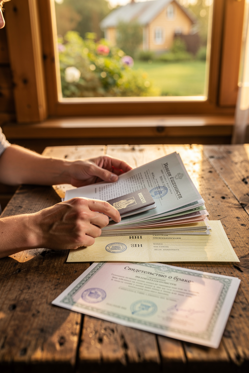 Руки человека аккуратно раскладывают документы на столе в дачном доме.