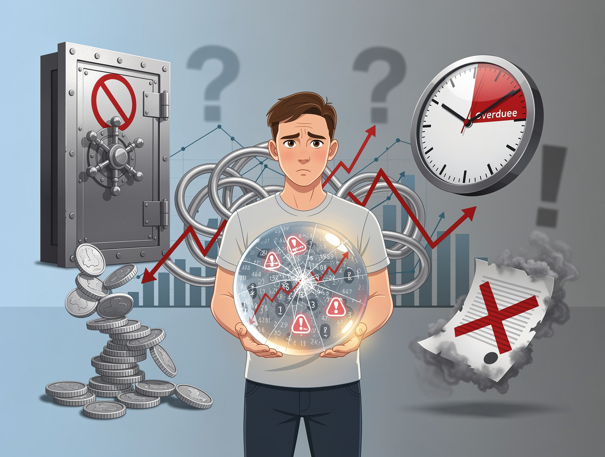 Символическое изображение причин отказа в кредитах: человек с треснувшим кристальным шаром кредитного рейтинга, окруженный препятствиями, такими как закрытый сейф, падающие монеты и документ с отказом.