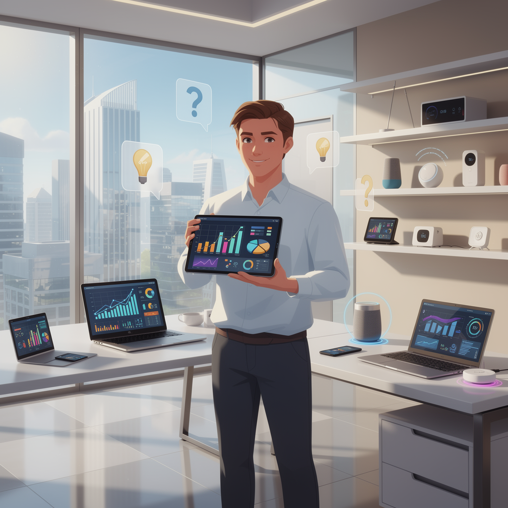 Человек в современном офисе держит планшет с графиками, окружённый техникой, символизируя ответы на вопросы о финансировании покупок.