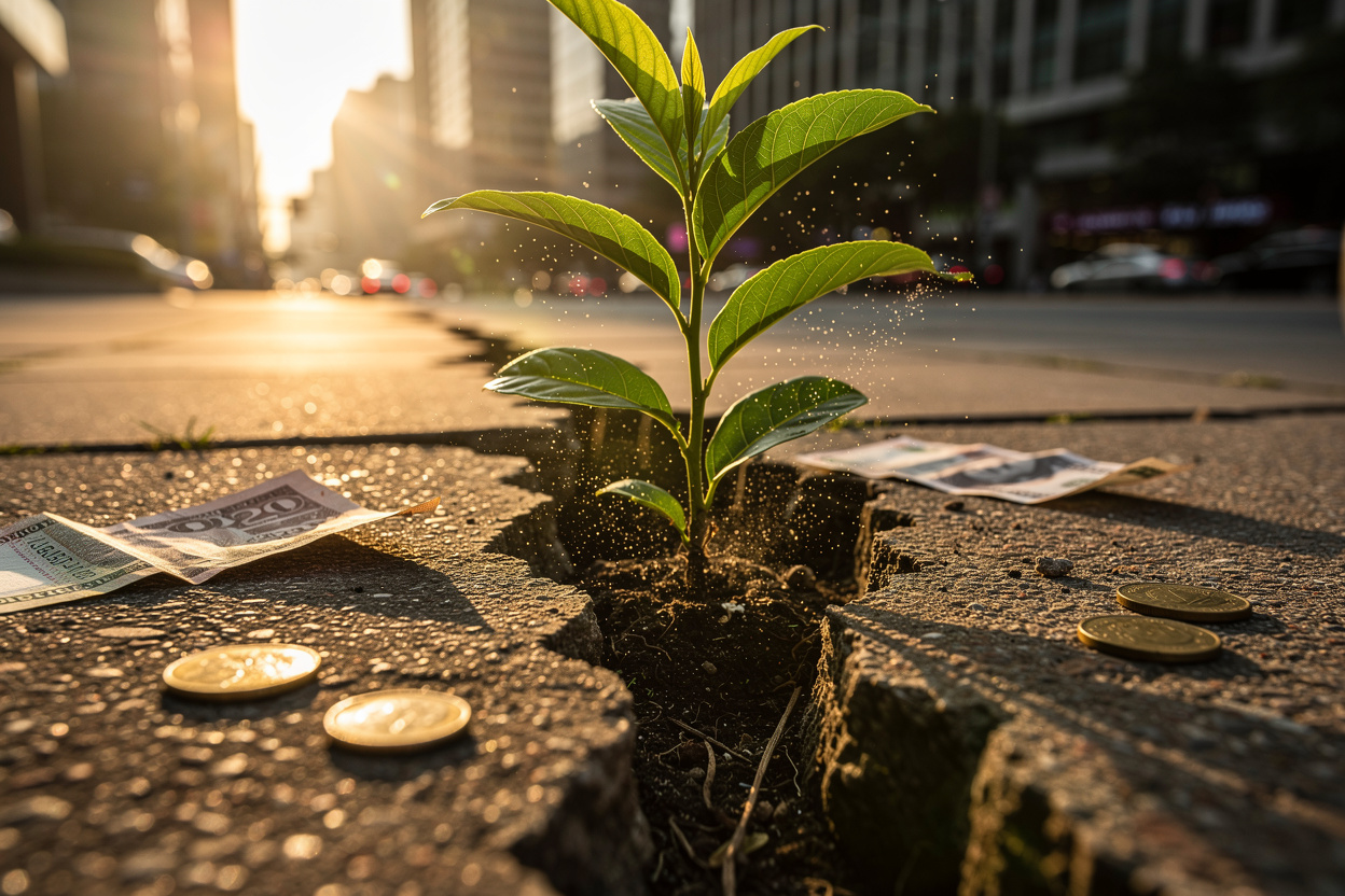 Саженец пробивается через треснувший асфальт в городской среде, символизируя возможность получения займа при плохой кредитной истории.