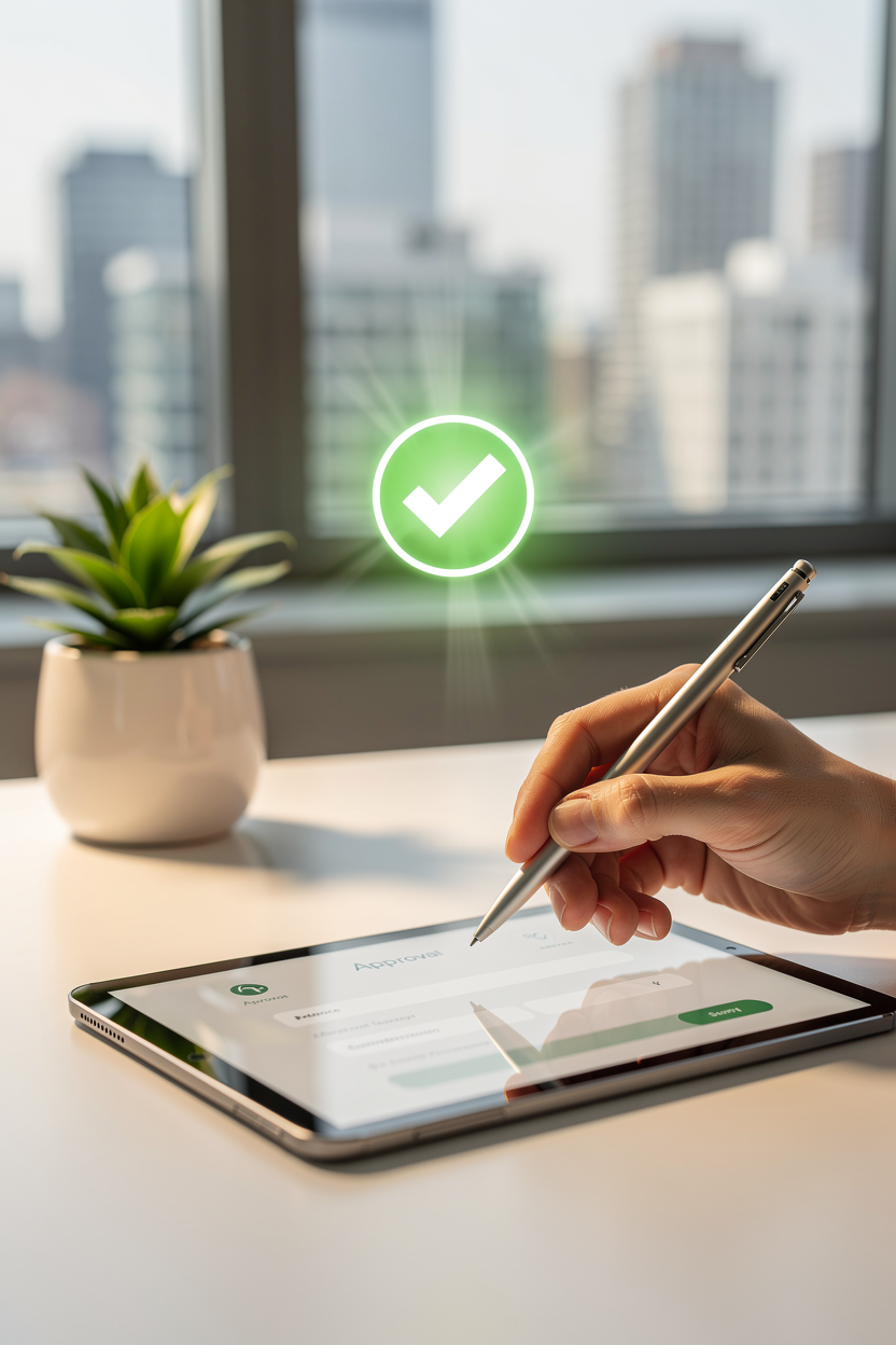 Рука подаёт цифровую заявку на планшете, появляется зелёная галочка, символизирующая одобрение.
