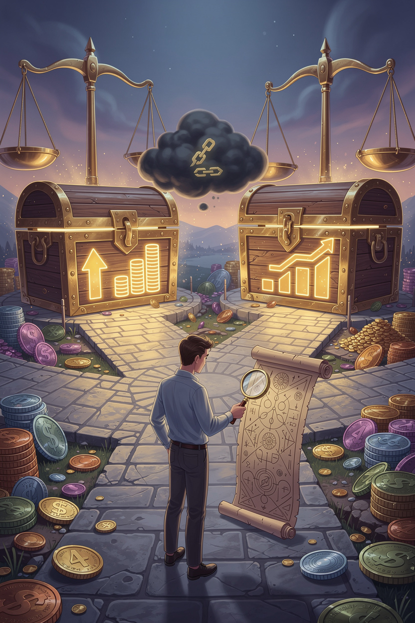 Человек сравнивает финансовые предложения на перекрёстке, используя лупу для изучения условий займа, символизируя выбор выгодного варианта.