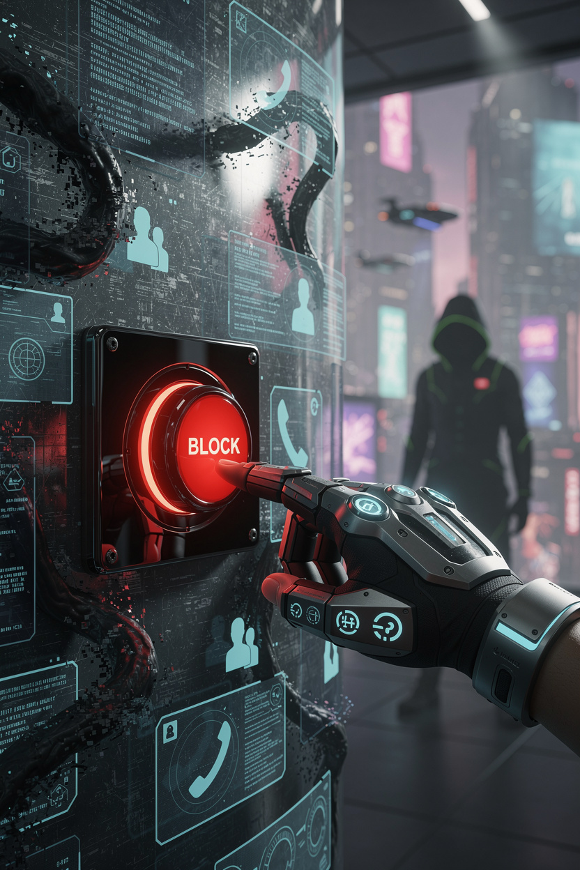 Рука нажимает красную кнопку блокировки на панели управления в киберпанк-среде, символизируя срочные действия при утечке данных.
