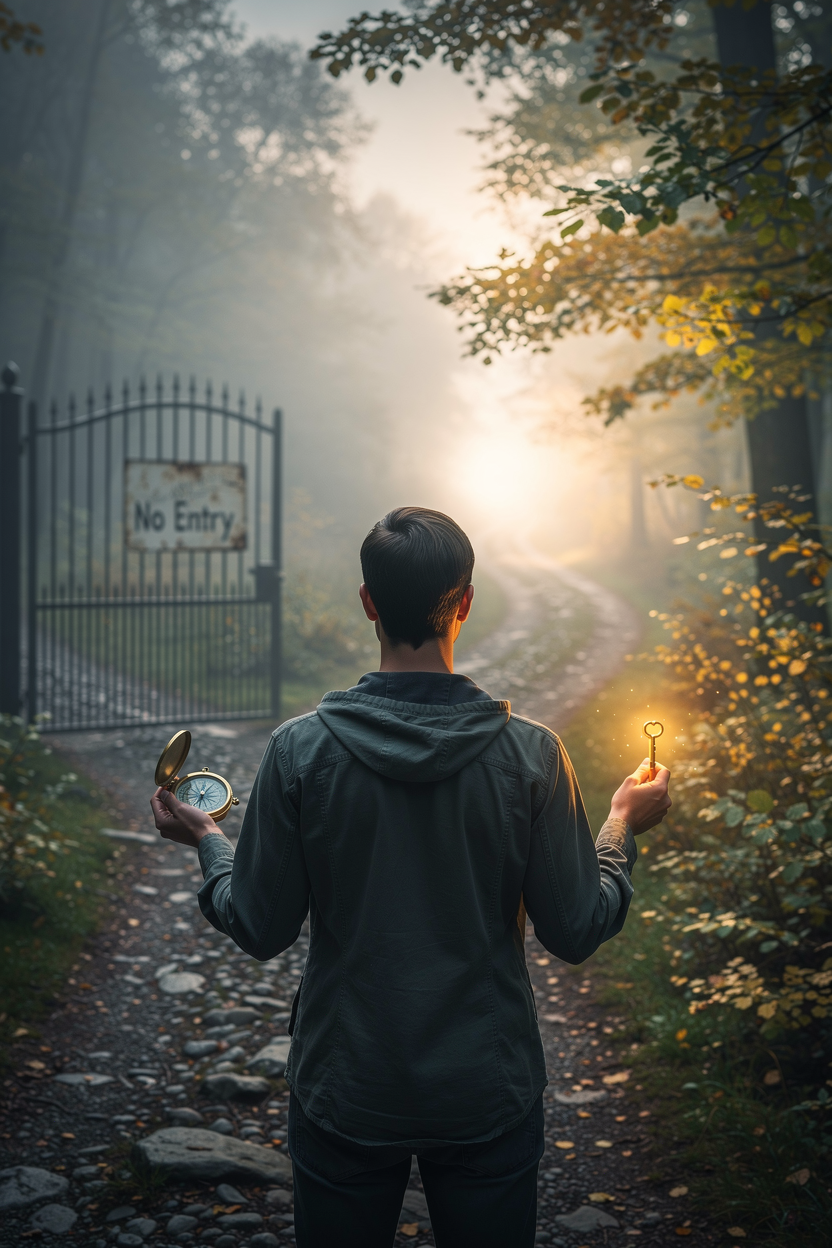 Человек на перепутье с компасом и ключом, выбирающий светлый путь через лес, символизирующий поиск решений после отказа в займе.
