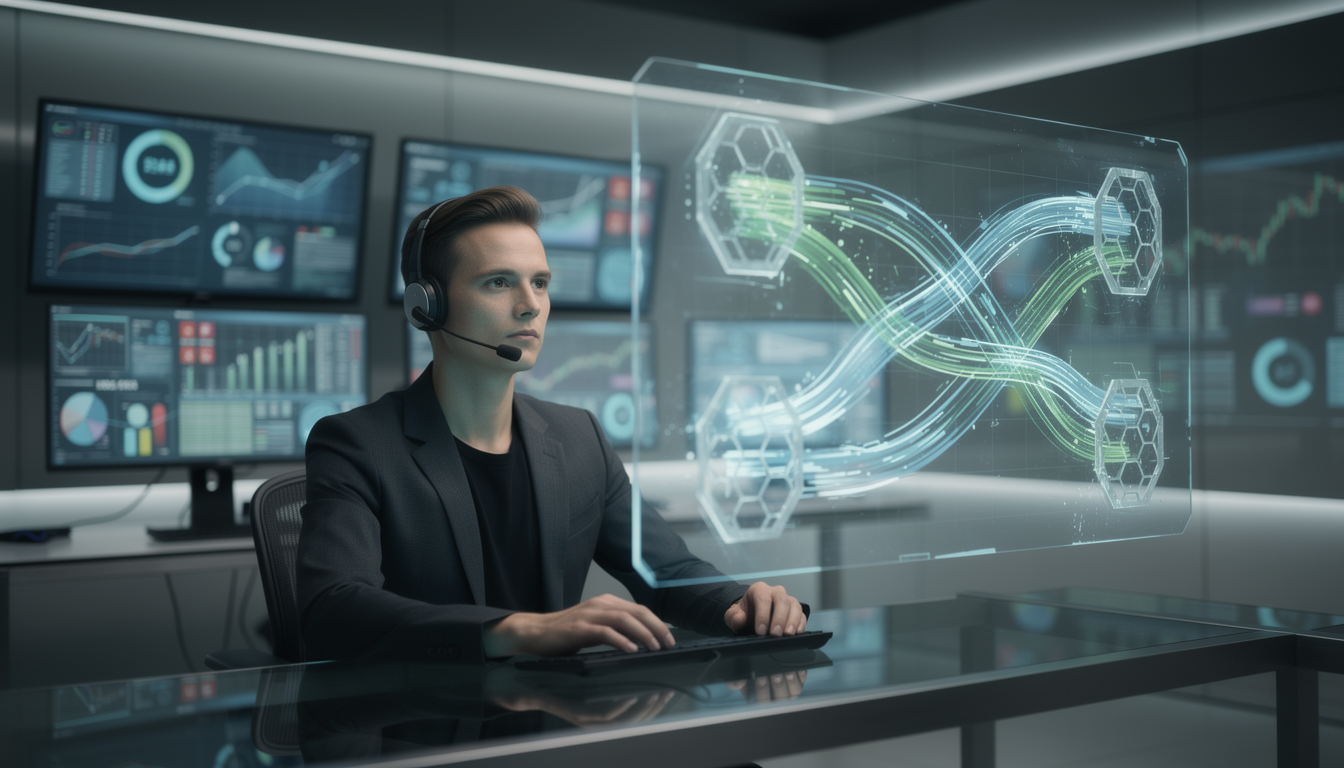 Кибербезопасник блокирует финансовый спам на голографическом дисплее в высокотехнологичном центре.