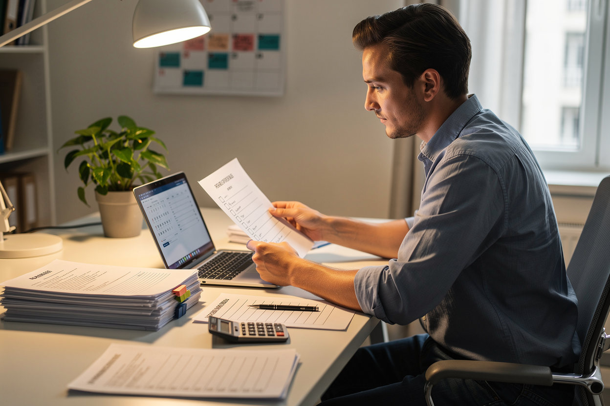 Человек за рабочим столом с документами и ноутбуком, планирующий финансовые шаги для получения кредита.
