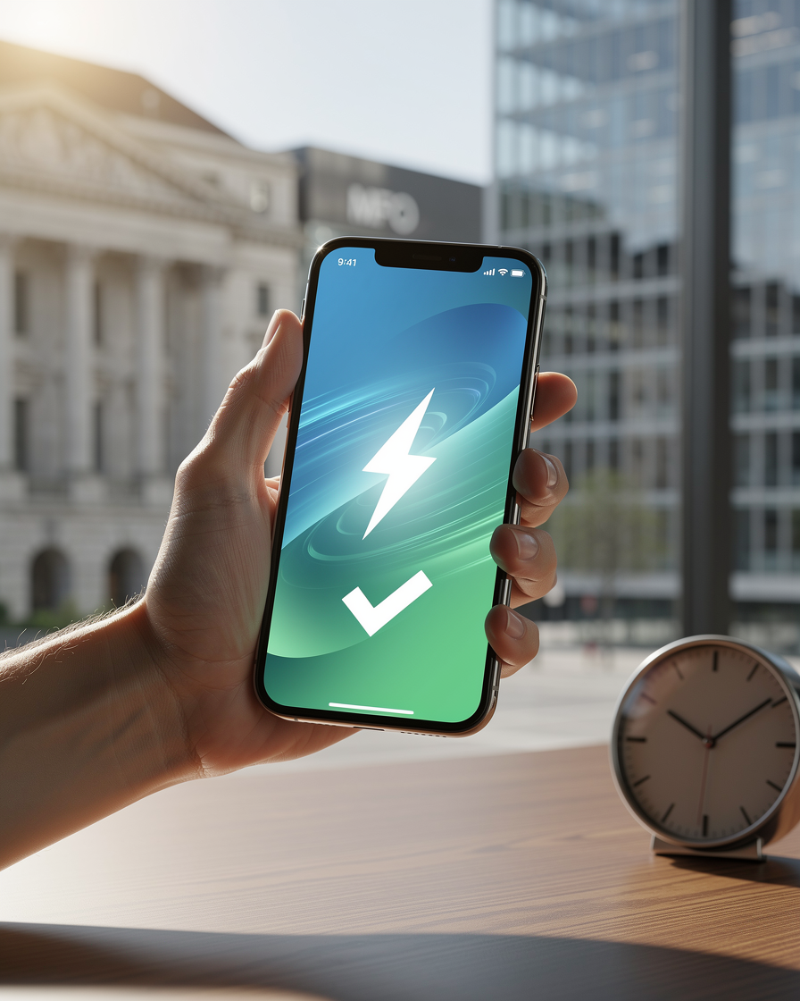 Смартфон с интерфейсом займа на фоне городского пейзажа, символизирующий быстрый доступ к микрофинансовым услугам.