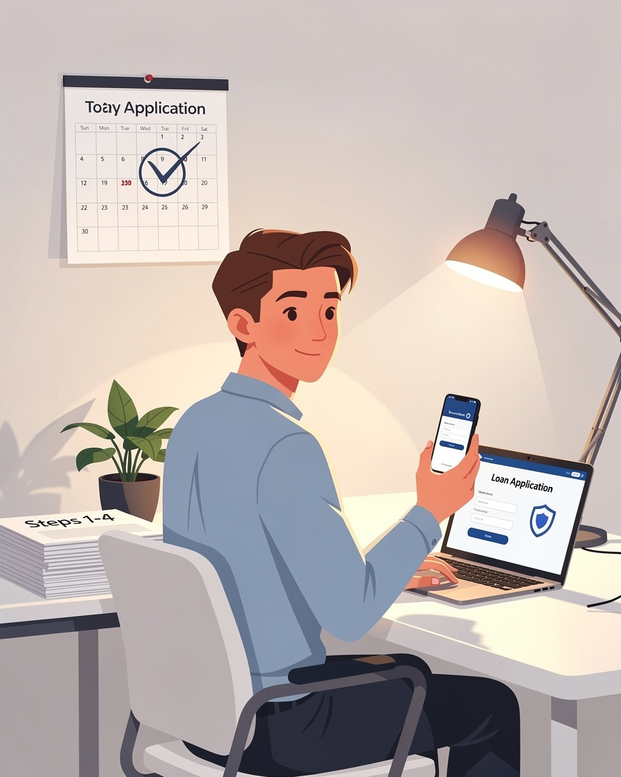 Человек заполняет онлайн-заявку на займ на ноутбуке со смартфоном на столе, окружен символами шагов и безопасности.