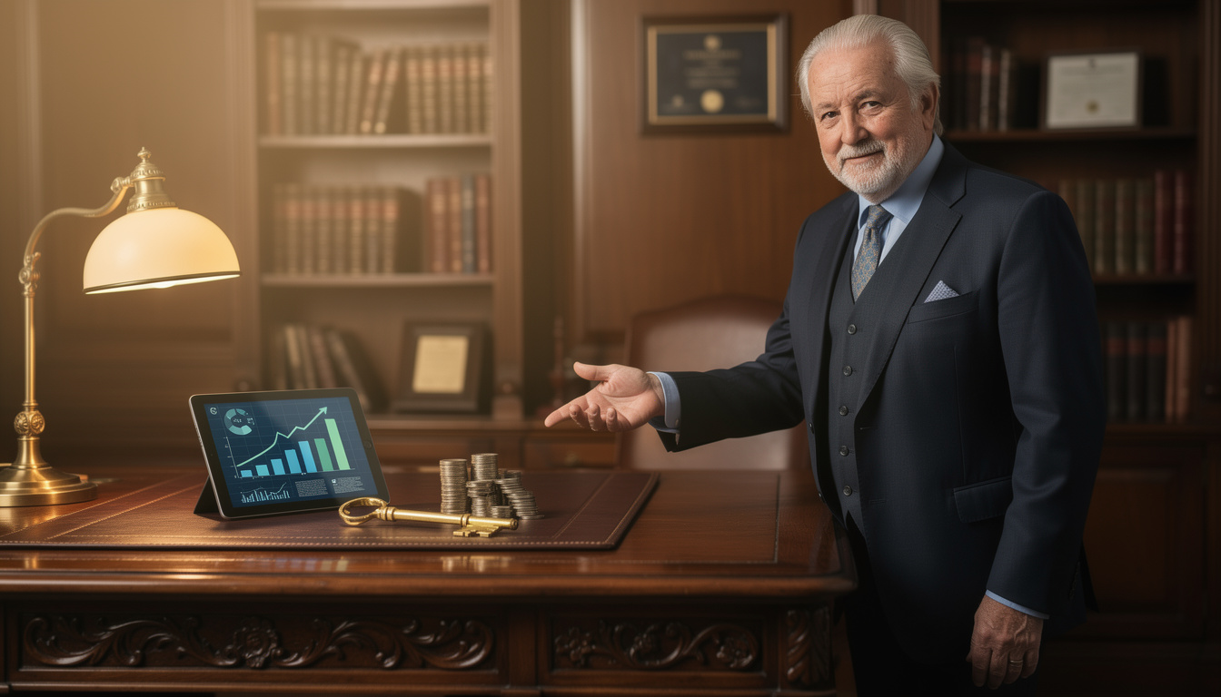 Финансовый консультант в кабинете указывает на ключ и монеты, символизируя займы под залог и другие способы.