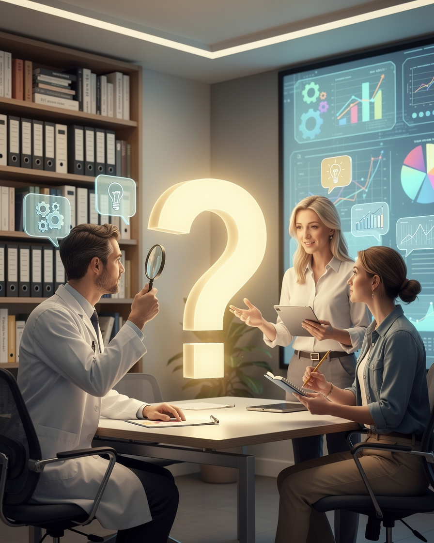 Группа экспертов обсуждает вопросы в современном офисе, окружённая символами идей и данных.