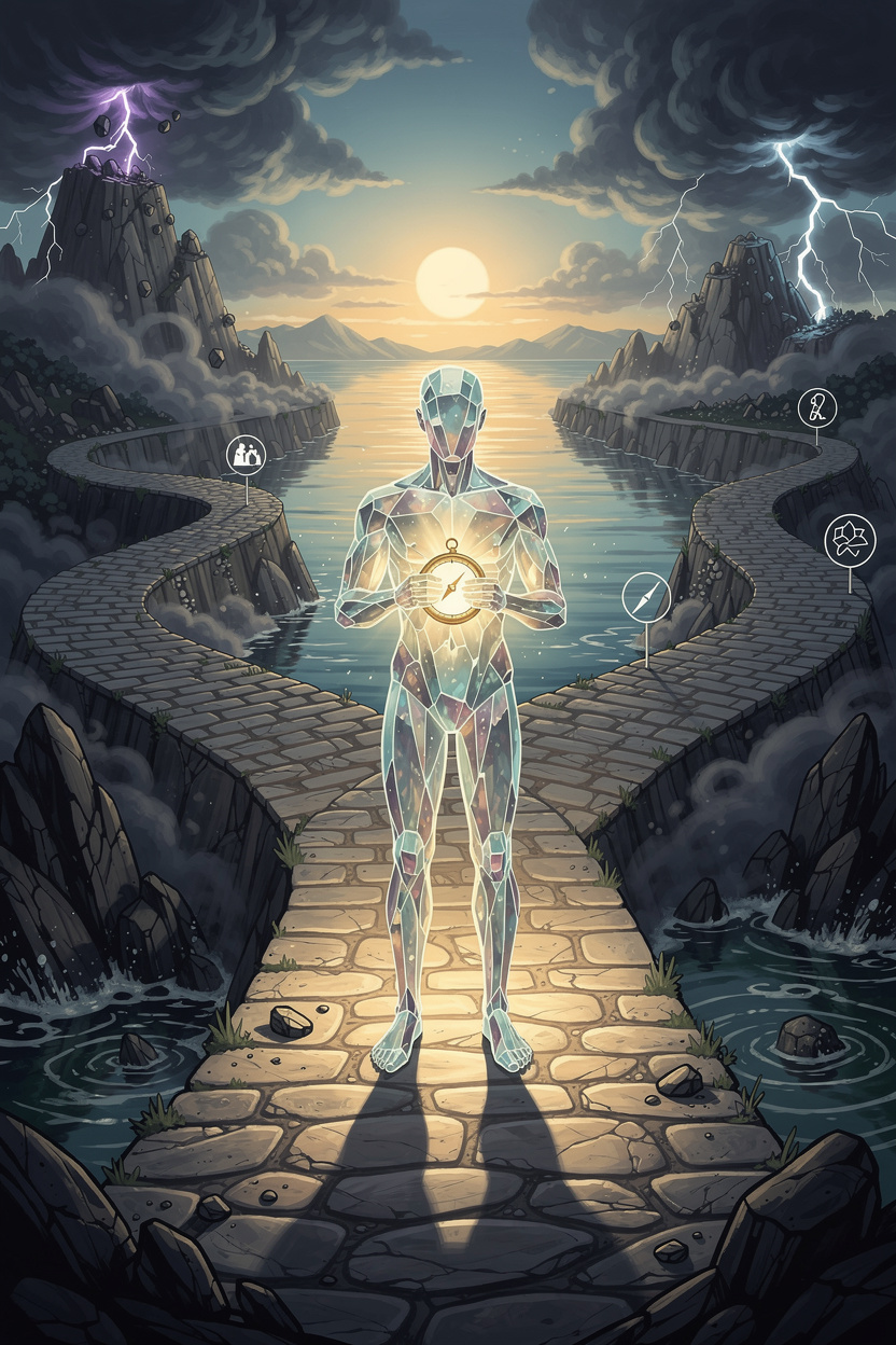 Символичное изображение человека из стекла, выбирающего безопасный путь среди рисков с помощью светящегося компаса.