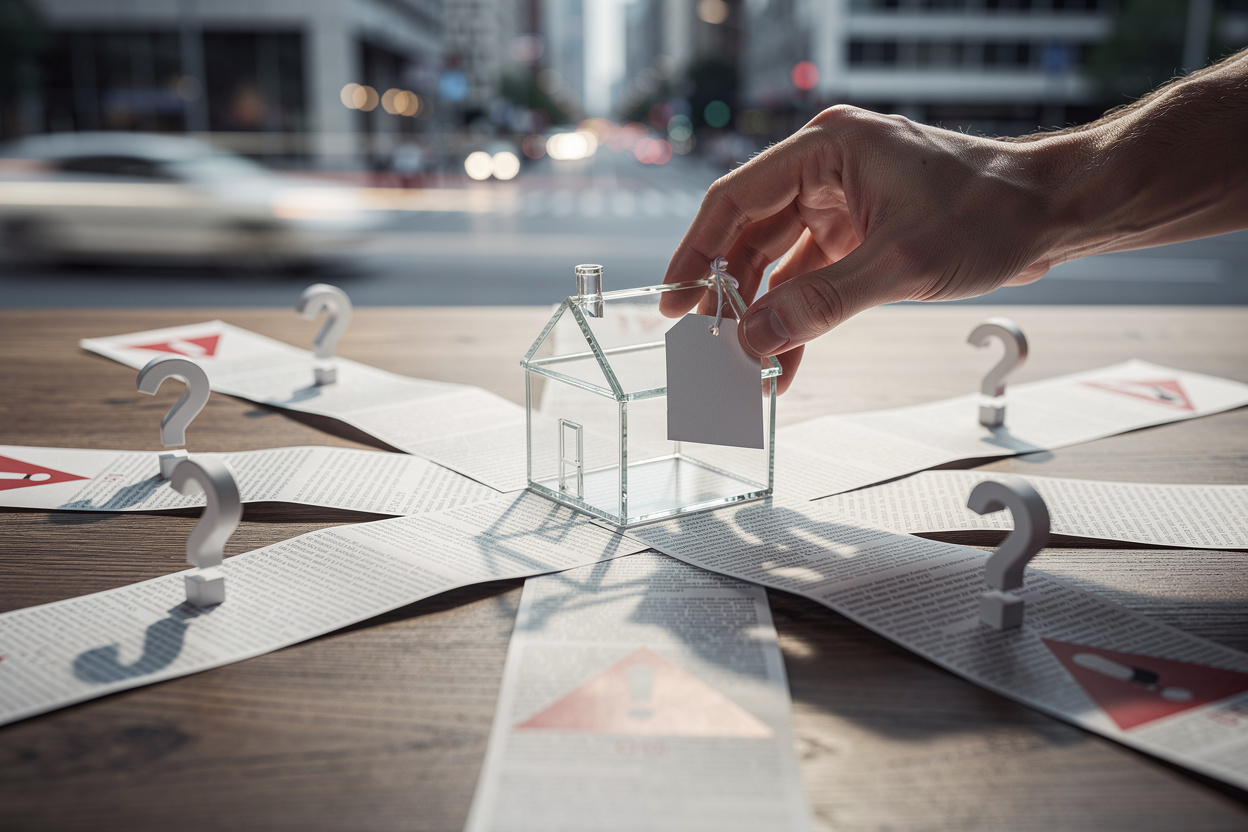 Стеклянный домик с временной биркой на перекрёстке документов, символизирующий кредит с временной регистрацией.
