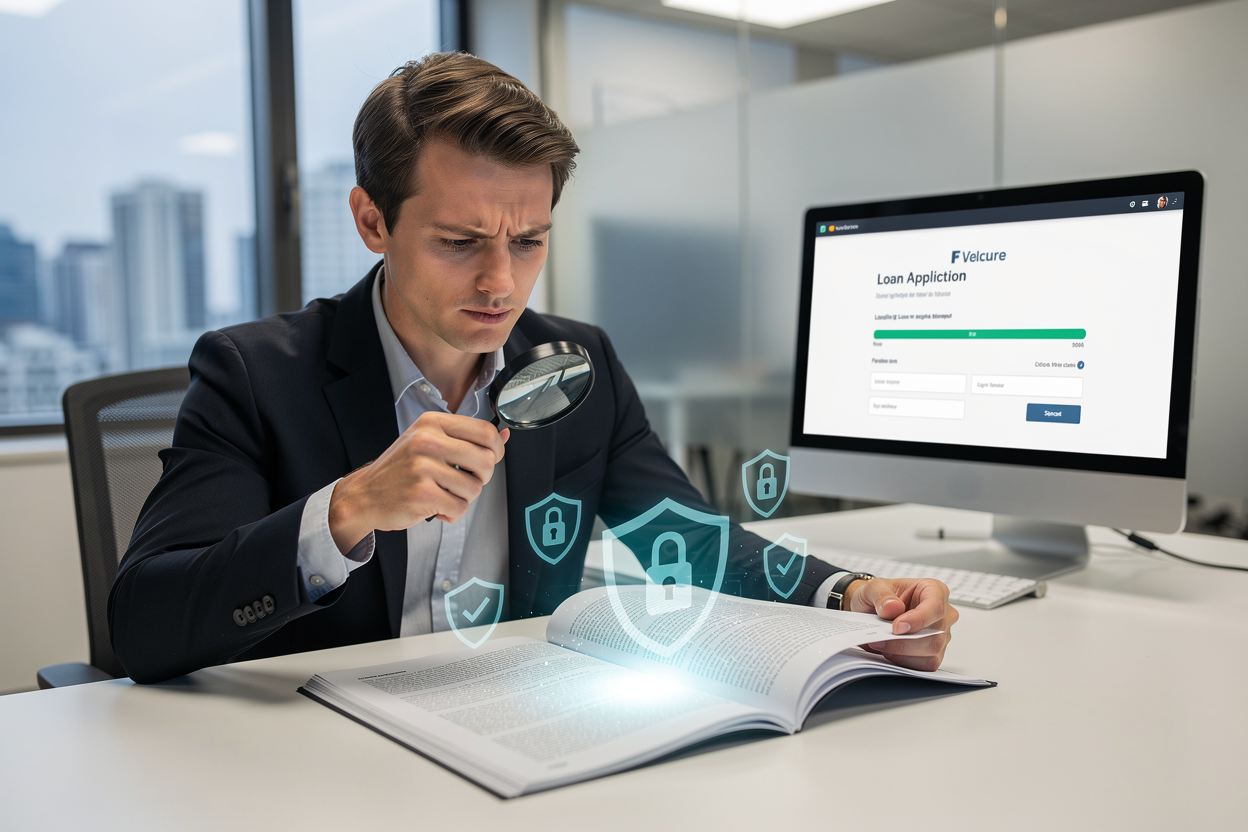 Человек изучает юридический документ с иконками безопасности в офисе.