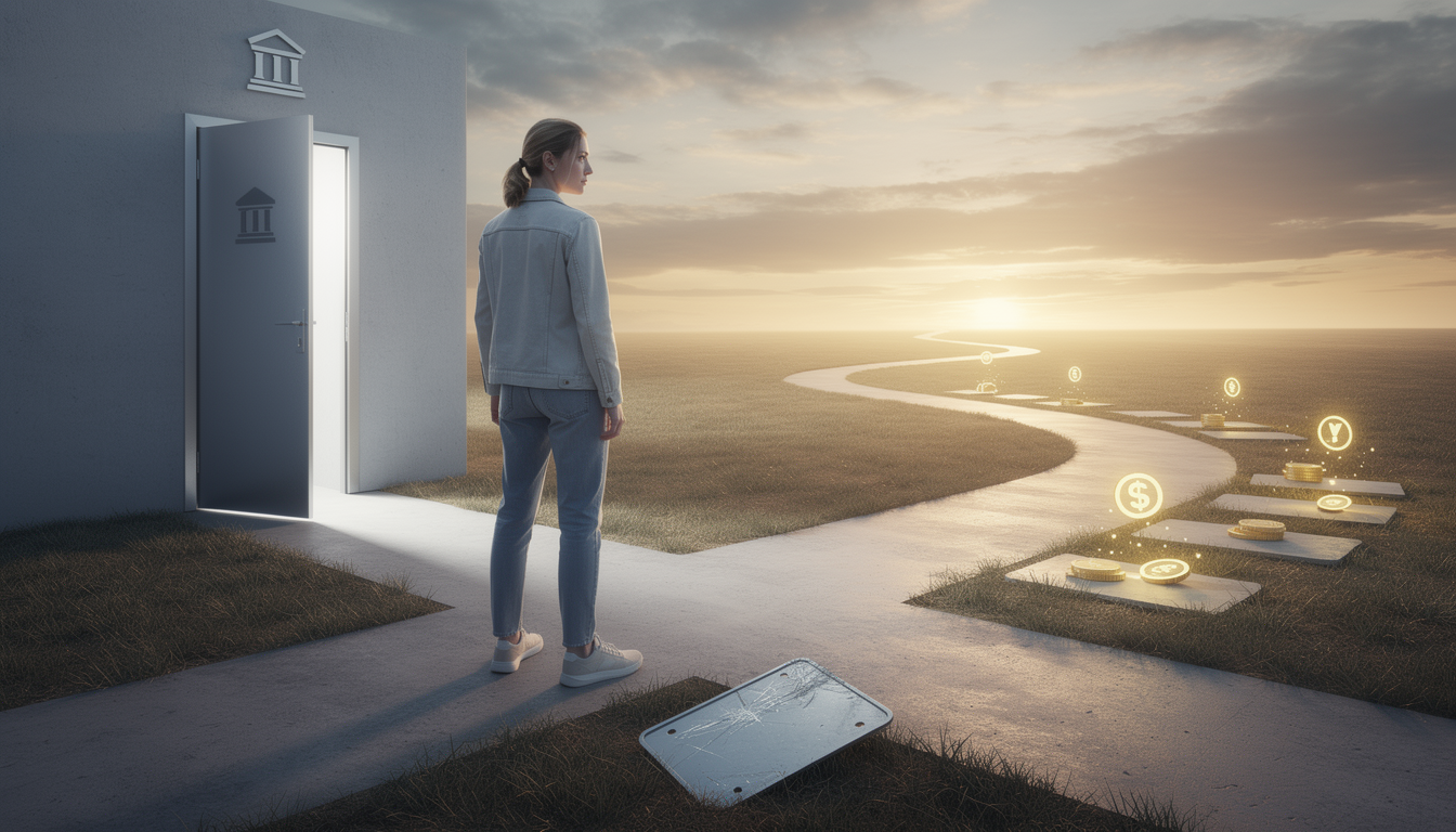 Человек на перепутье после отказа в кредите, смотрящий на светлые альтернативные финансовые возможности.