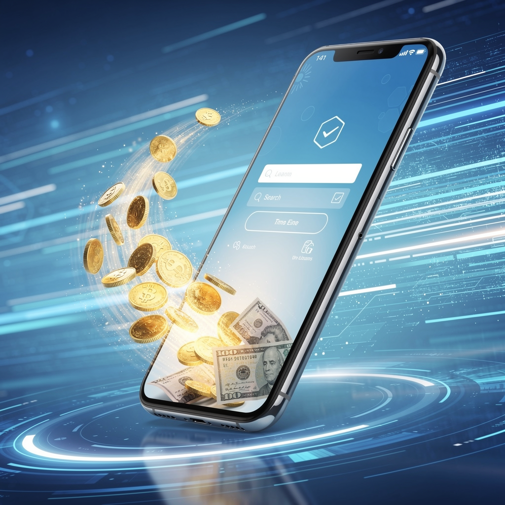 Смартфон в цифровом пространстве, из которого вытекают монеты и купюры, символизируя быстрые онлайн-займы.