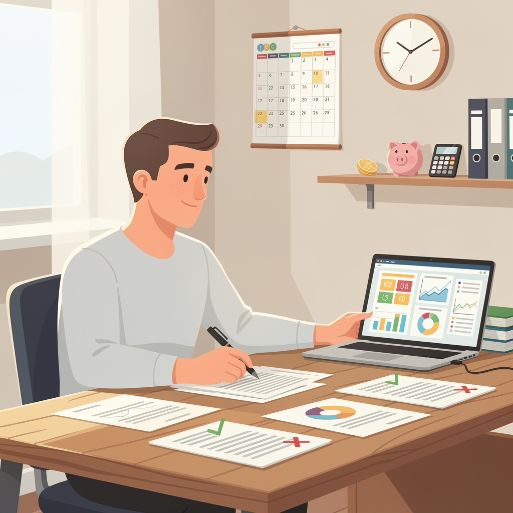 Человек анализирует предложения по займу за ноутбуком в домашнем офисе.