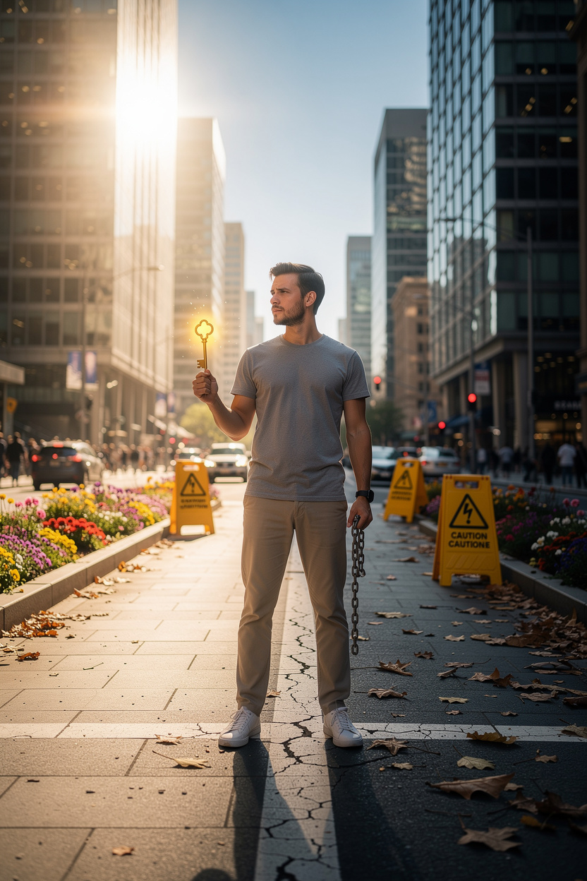 Человек на перекрёстке с ключом и цепью, символизирующий выбор между преимуществами и рисками займов с временной регистрацией.