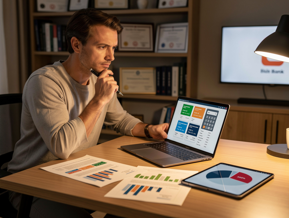 Человек сравнивает предложения по займам на компьютере, анализируя графики и бюджет.
