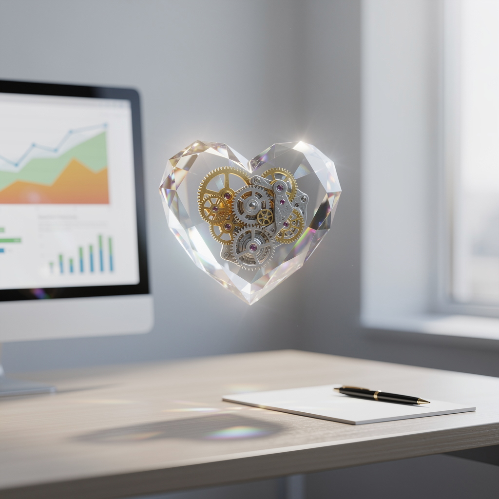Кристальное сердце с механизмами внутри, символизирующее проверку и улучшение кредитной истории в современном офисе.