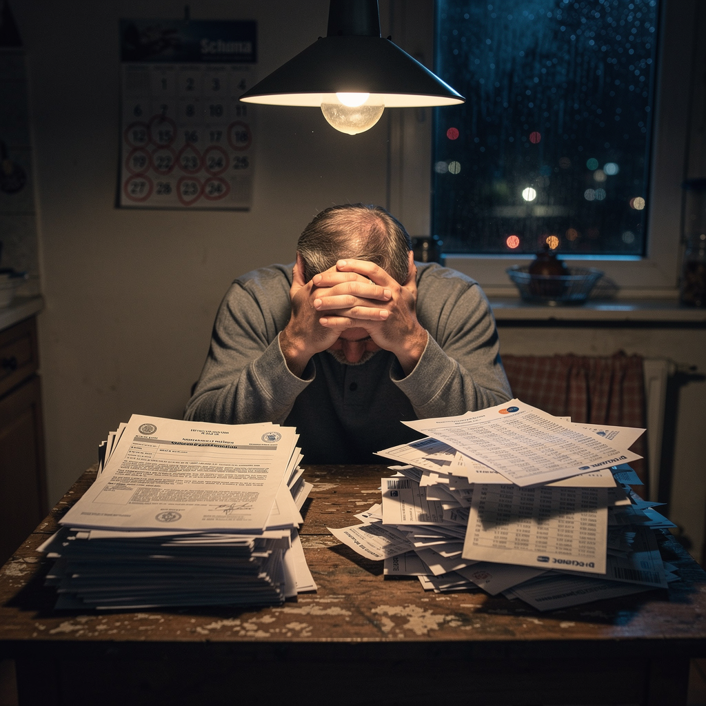 Человек в стрессе за столом с кучей документов по алиментам и кредитам